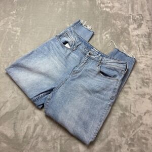 HT Denim Mom Jeans Womens 11 Light Wash High Rise Raw Hem Tapered Leg‎ Stretch